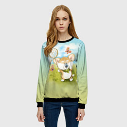 Свитшот женский Корги и бабочка, цвет: 3D-черный — фото 2