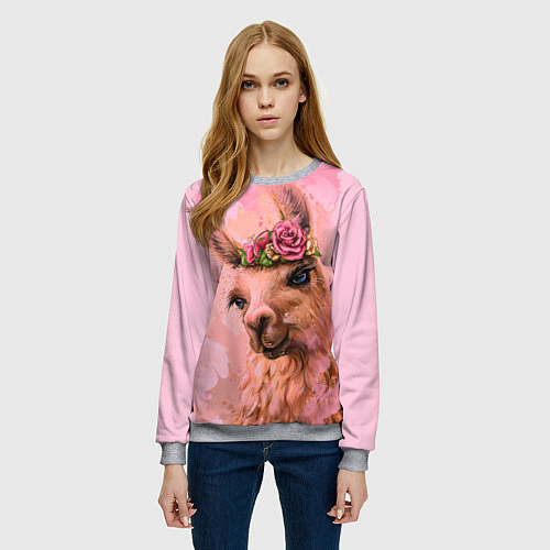 Женский свитшот Лама с цветами / 3D-Меланж – фото 3