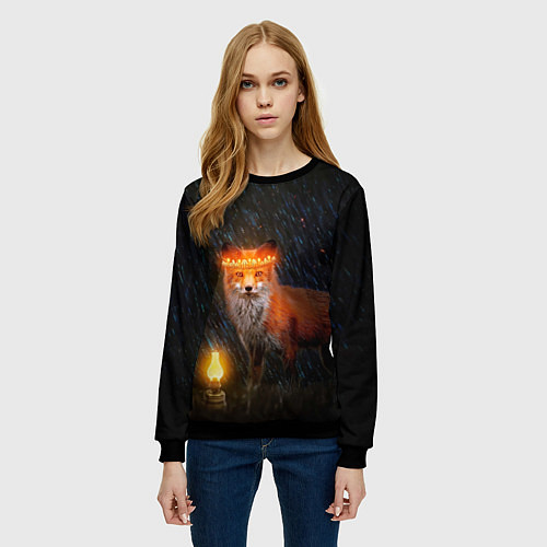 Женский свитшот Лиса с огненной короной / 3D-Черный – фото 3