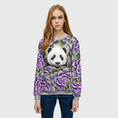 Женский свитшот Панда среди цветов / 3D-Меланж – фото 3