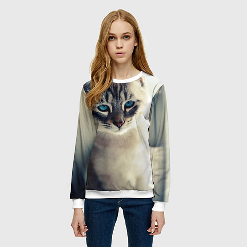 Женский свитшот Кот с Голубыми глазами / 3D-Белый – фото 3