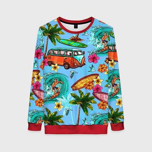 Женский свитшот Пальмы, волны, серфинг / 3D-Красный – фото 1