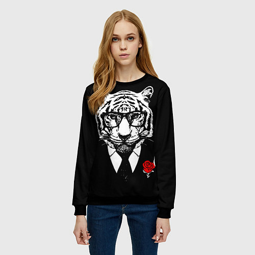 Женский свитшот Тигр с красной розой / 3D-Черный – фото 3