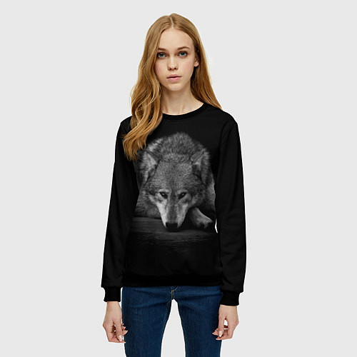 Женский свитшот Волк, на черном фоне / 3D-Черный – фото 3