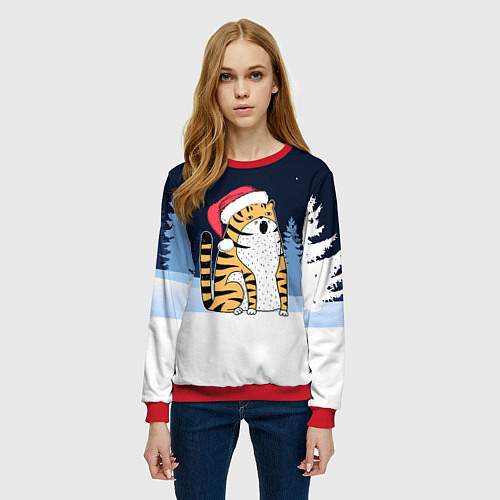 Женский свитшот Удивленный тигр 2022 / 3D-Красный – фото 3