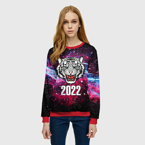 Женский свитшот ЧЁРНЫЙ ТИГР НОВЫЙ ГОД 2022 GRAY TIGER NEW YEAR / 3D-Красный – фото 3