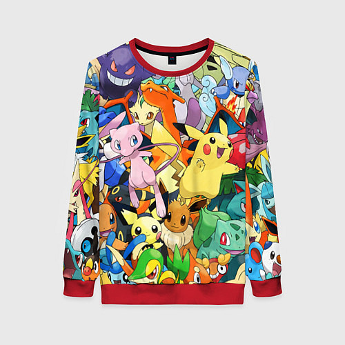 Женский свитшот АНИМЕ, ПОКЕМОНЫ ВСЕ ПЕРСОНАЖИ POKEMON / 3D-Красный – фото 1