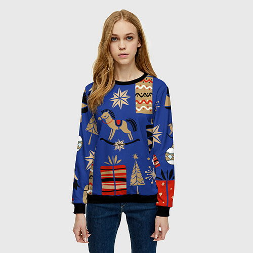 Женский свитшот Новогодний узор / 3D-Черный – фото 3