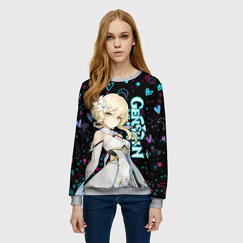 Женский свитшот ГЕНШИН ИМПАКТ ЛЮМИН, НЕОНОВЫЕ СЕРДЕЧКИ / 3D-Меланж – фото 3