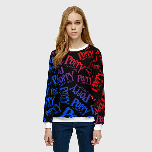 Женский свитшот POPPY PLAYTIME LOGO NEON, ХАГИ ВАГИ / 3D-Белый – фото 3
