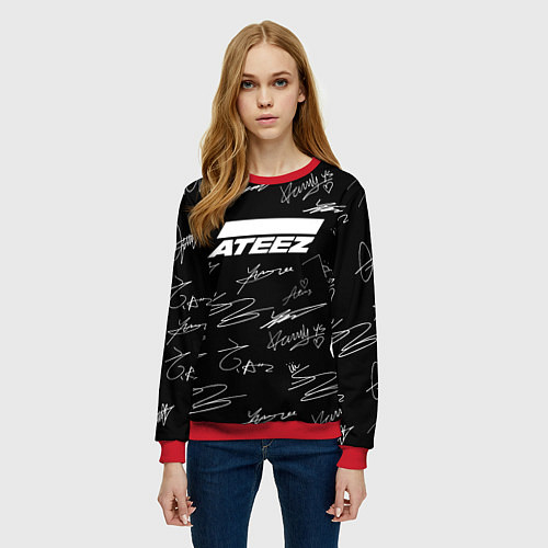 Женский свитшот ATEEZ БЕЛЫЕ АВТОГРАФЫ УЗОР / 3D-Красный – фото 3
