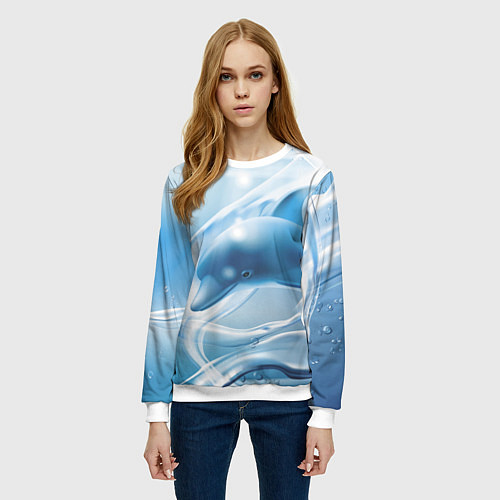 Женский свитшот Дельфин в лазурном океане / 3D-Белый – фото 3