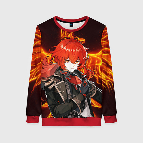 Женский свитшот ОГНЕННЫЙ ФЕНИКС ДИЛЮК, ГЕНШИН ИМПАКТ / 3D-Красный – фото 1