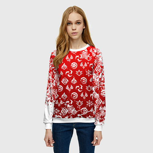 Женский свитшот НОВОГОДНИЕ СТИХИИ ГЕНШИН ИМПАКТ, НОВЫЙ ГОД / 3D-Белый – фото 3