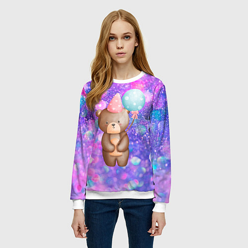 Женский свитшот День Рождения - Медвежонок с шариками / 3D-Белый – фото 3