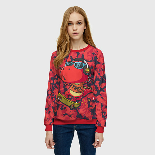 Женский свитшот Веселый динозавр на скейте / 3D-Красный – фото 3