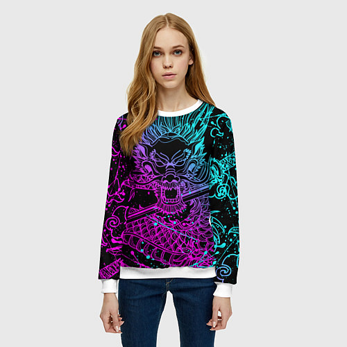 Женский свитшот НЕОНОВЫЕ ДРАКОНЫ NEON DRAGON БРЫЗГИ КРАСОК / 3D-Белый – фото 3