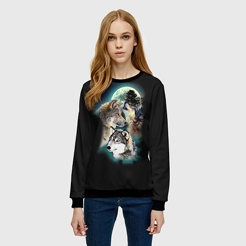 Женский свитшот Волки и Луна Wolves / 3D-Черный – фото 3
