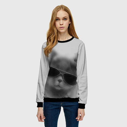 Женский свитшот Крутой кот в очках в тумане / 3D-Черный – фото 3