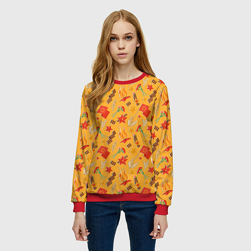 Женский свитшот Георгиевская ленточка, Вечный огонь, цветок, медал / 3D-Красный – фото 3