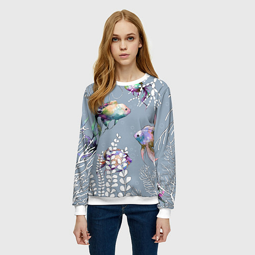 Женский свитшот Разноцветные акварельные рыбки и белые водоросли / 3D-Белый – фото 3