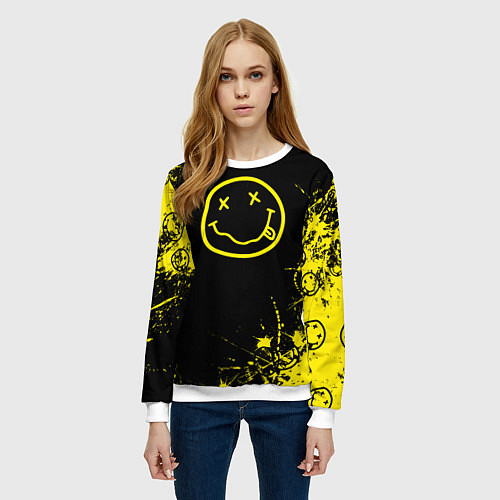 Женский свитшот Nirvana texture смайл / 3D-Белый – фото 3