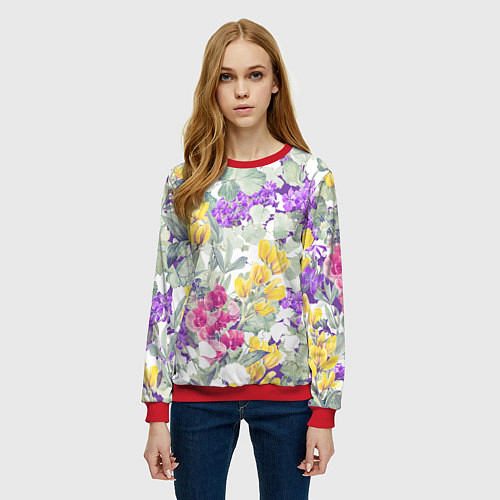 Женский свитшот Цветы Красочный Луговой Узор / 3D-Красный – фото 3