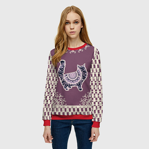 Женский свитшот КРУЖЕВНАЯ 3D МАНДАЛА С КОТОМ / 3D-Красный – фото 3