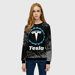 Свитшот женский Tesla в стиле Top Gear со следами шин на фоне, цвет: 3D-черный — фото 2