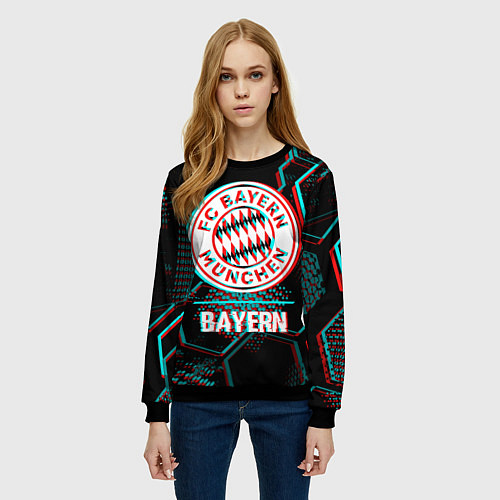 Женский свитшот Bayern FC в стиле Glitch на темном фоне / 3D-Черный – фото 3