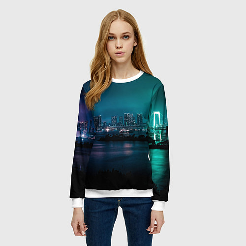 Женский свитшот Неоновый город с рекой - Светло-зелёный / 3D-Белый – фото 3