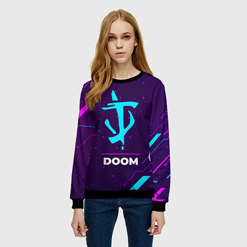 Женский свитшот Символ Doom в неоновых цветах на темном фоне / 3D-Черный – фото 3