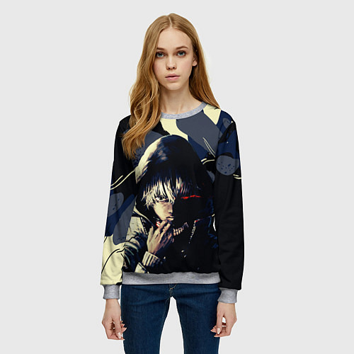 Женский свитшот Токийский Гуль- манга темное фэнтези / 3D-Меланж – фото 3