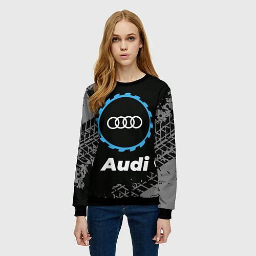 Женский свитшот Audi в стиле Top Gear со следами шин на фоне / 3D-Черный – фото 3