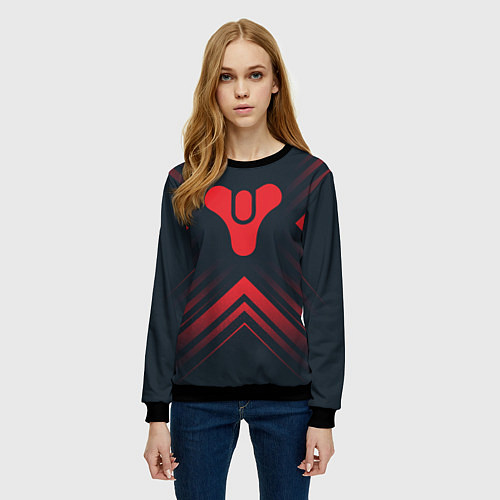 Женский свитшот Красный Символ Destiny на темном фоне со стрелками / 3D-Черный – фото 3