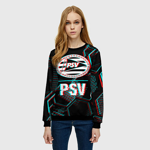 Женский свитшот PSV FC в стиле Glitch на темном фоне / 3D-Черный – фото 3