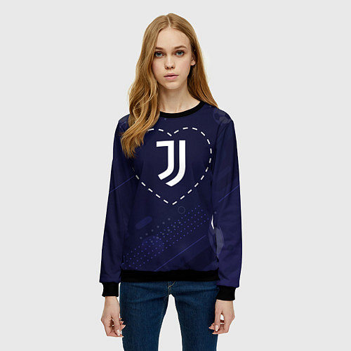 Женский свитшот Лого Juventus в сердечке на фоне мячей / 3D-Черный – фото 3