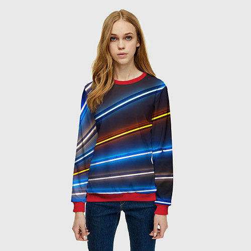 Женский свитшот Неоновые фонари на линиях - Голубой и оранжевый / 3D-Красный – фото 3