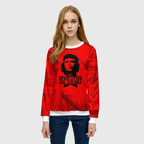 Женский свитшот Че Гевара - на красном фоне / 3D-Белый – фото 3