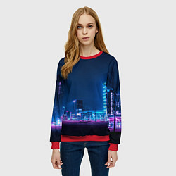 Свитшот женский Неоновый ночной город - Светло-синий, цвет: 3D-красный — фото 2