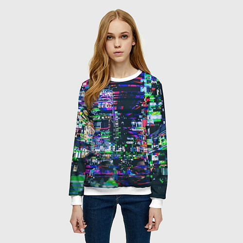 Женский свитшот Ночной город - glitch / 3D-Белый – фото 3