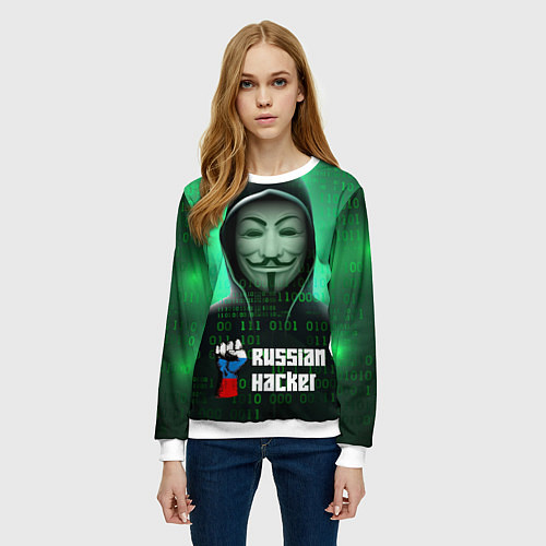 Женский свитшот Russian hacker green / 3D-Белый – фото 3