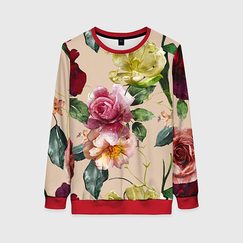 Женский свитшот Цветы Нарисованные Красные Розы и Лилии / 3D-Красный – фото 1