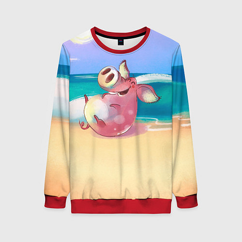 Женский свитшот Свинка на пляже хохочет / 3D-Красный – фото 1