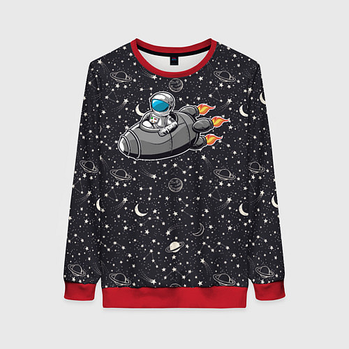 Женский свитшот Космонавт летит в ракете через звезды / 3D-Красный – фото 1