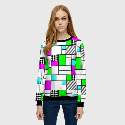 Женский свитшот Неоновый геометрический узор с черными линиями / 3D-Черный – фото 3