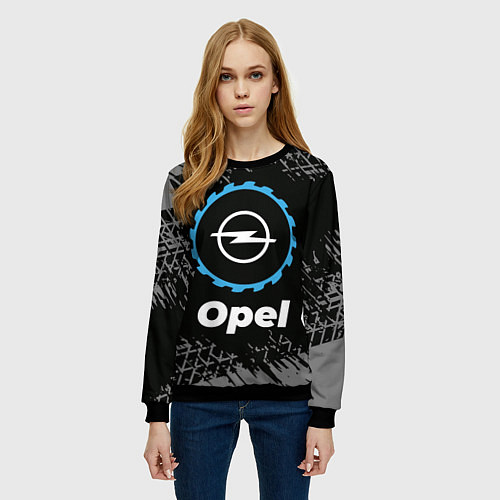 Женский свитшот Opel в стиле Top Gear со следами шин на фоне / 3D-Черный – фото 3