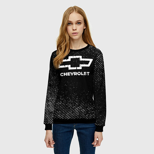 Женский свитшот Chevrolet с потертостями на темном фоне / 3D-Черный – фото 3