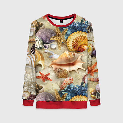 Женский свитшот Морские раковины, кораллы, морские звёзды на песке / 3D-Красный – фото 1