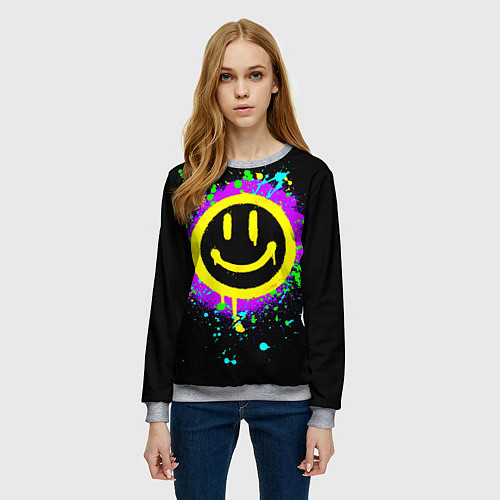 Женский свитшот Смайлик - неоновые брызги / 3D-Меланж – фото 3